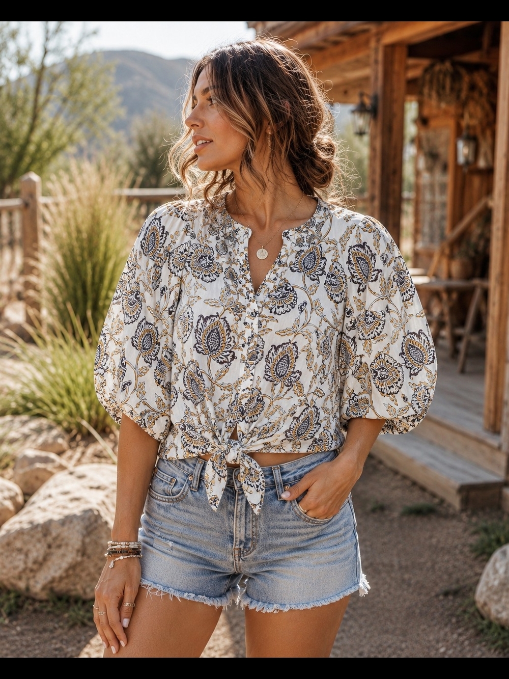 Rose & Olive White Floral Tie-Front Blouse with Blue and Tan Accents